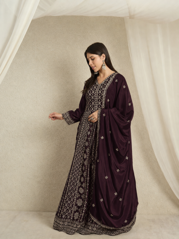 Magnificent Maroon Embroidered Chinon A-Line Gown with Dupatta