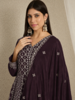 Magnificent Maroon Embroidered Chinon A-Line Gown with Dupatta