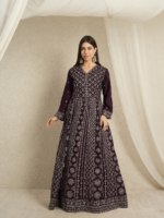 Magnificent Maroon Embroidered Chinon A-Line Gown with Dupatta