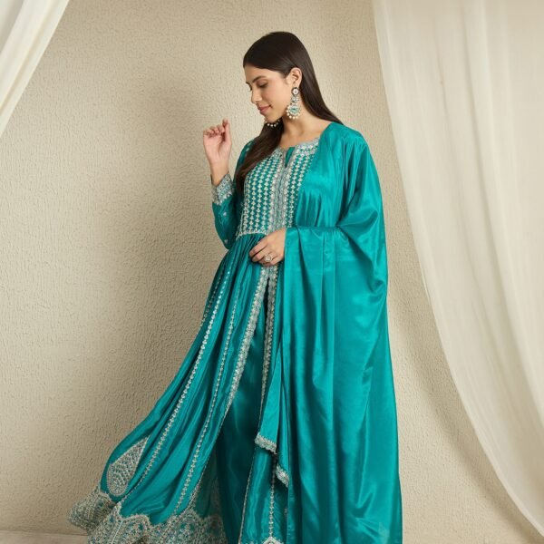 Regal Teal Chinon Embroidered Front-Slit Anarkali Set