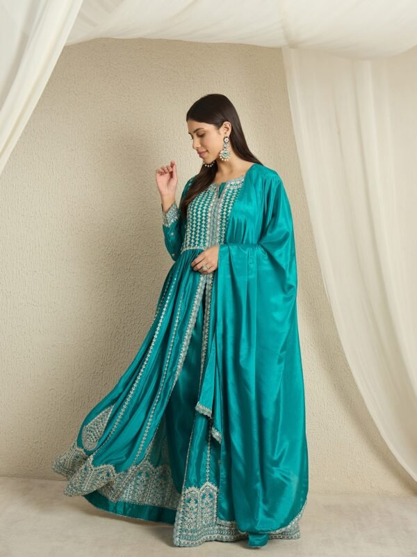 Regal Teal Chinon Embroidered Front-Slit Anarkali Set