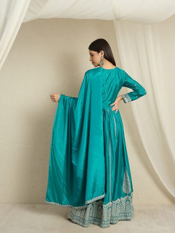 Regal Teal Chinon Embroidered Front-Slit Anarkali Set
