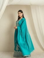 Regal Teal Chinon Embroidered Front-Slit Anarkali Set