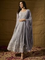Celestial Grey Embroidered Faux Georgette Anarkali Gown with Dupatta