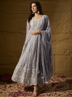 Celestial Grey Embroidered Faux Georgette Anarkali Gown with Dupatta