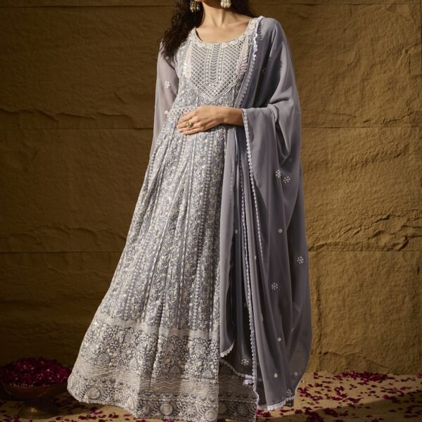 Celestial Grey Embroidered Faux Georgette Anarkali Gown with Dupatta