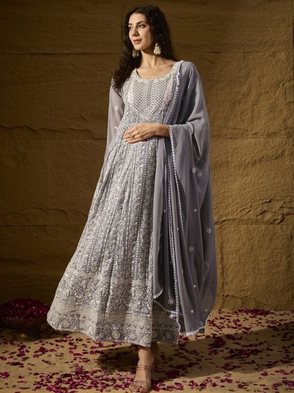 Celestial Grey Embroidered Faux Georgette Anarkali Gown with Dupatta