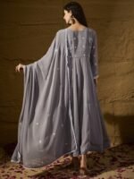 Celestial Grey Embroidered Faux Georgette Anarkali Gown with Dupatta