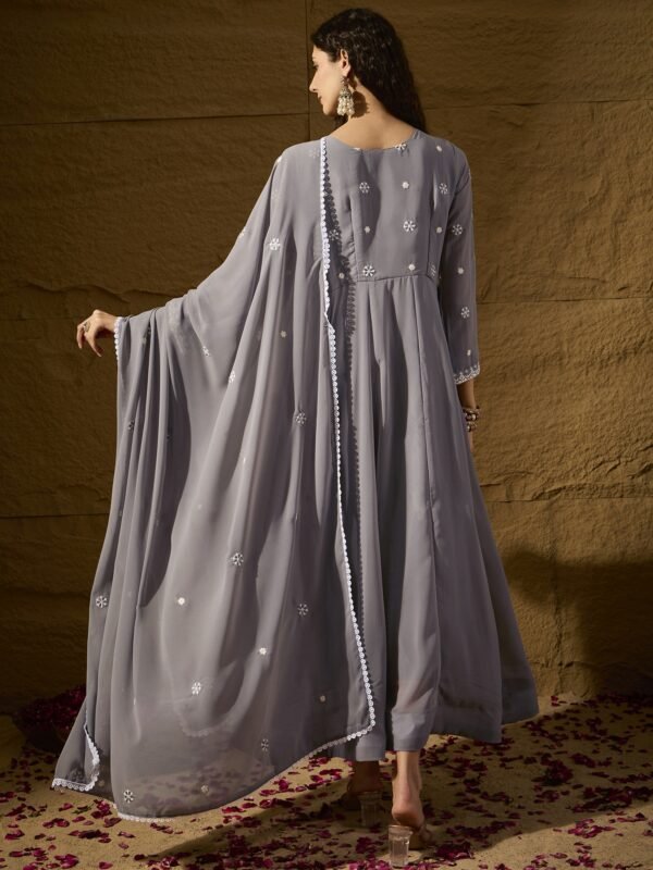 Celestial Grey Embroidered Faux Georgette Anarkali Gown with Dupatta