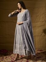 Celestial Grey Embroidered Faux Georgette Anarkali Gown with Dupatta