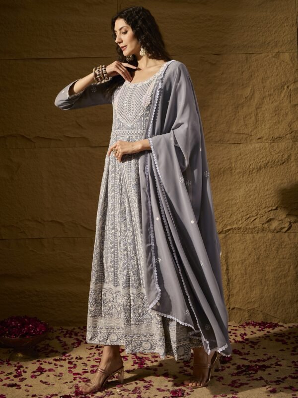 Celestial Grey Embroidered Faux Georgette Anarkali Gown with Dupatta