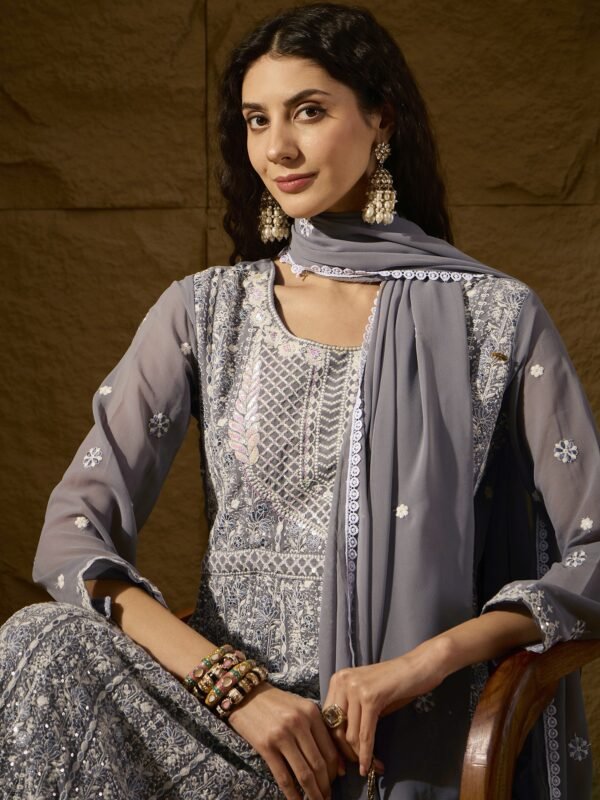Celestial Grey Embroidered Faux Georgette Anarkali Gown with Dupatta