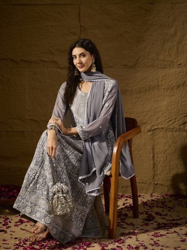Celestial Grey Embroidered Faux Georgette Anarkali Gown with Dupatta