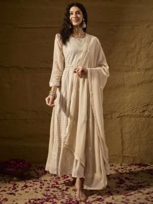Pristine Cream Embroidered Faux Georgette Anarkali Gown with Dupatta