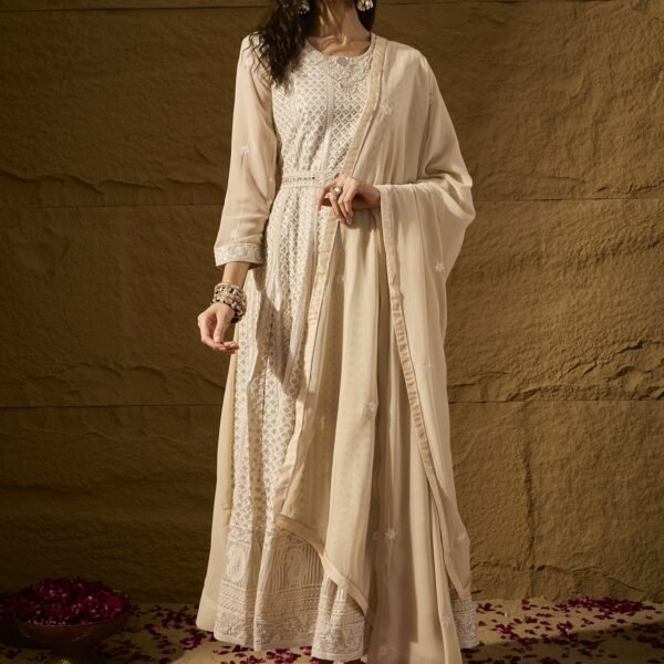 Pristine Cream Embroidered Faux Georgette Anarkali Gown with Dupatta