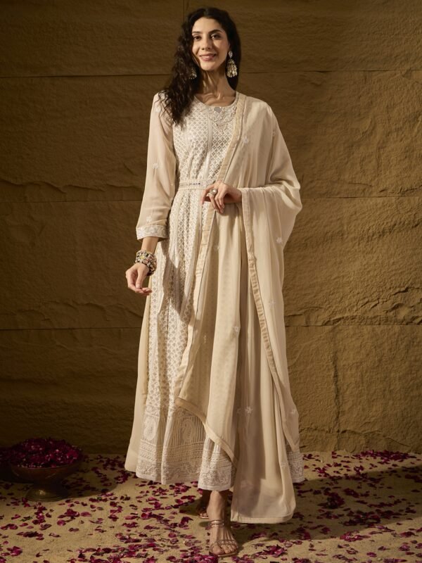 Pristine Cream Embroidered Faux Georgette Anarkali Gown with Dupatta