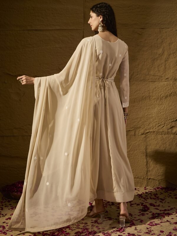 Pristine Cream Embroidered Faux Georgette Anarkali Gown with Dupatta