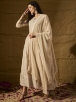 Pristine Cream Embroidered Faux Georgette Anarkali Gown with Dupatta