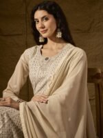 Pristine Cream Embroidered Faux Georgette Anarkali Gown with Dupatta