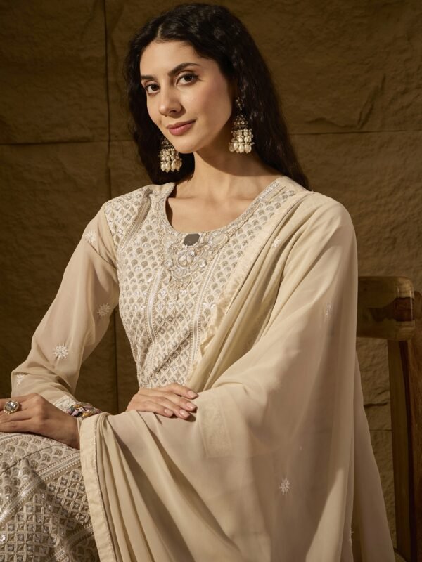 Pristine Cream Embroidered Faux Georgette Anarkali Gown with Dupatta