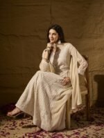 Pristine Cream Embroidered Faux Georgette Anarkali Gown with Dupatta