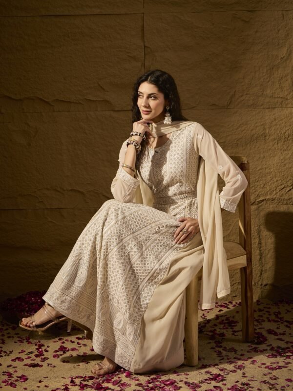 Pristine Cream Embroidered Faux Georgette Anarkali Gown with Dupatta