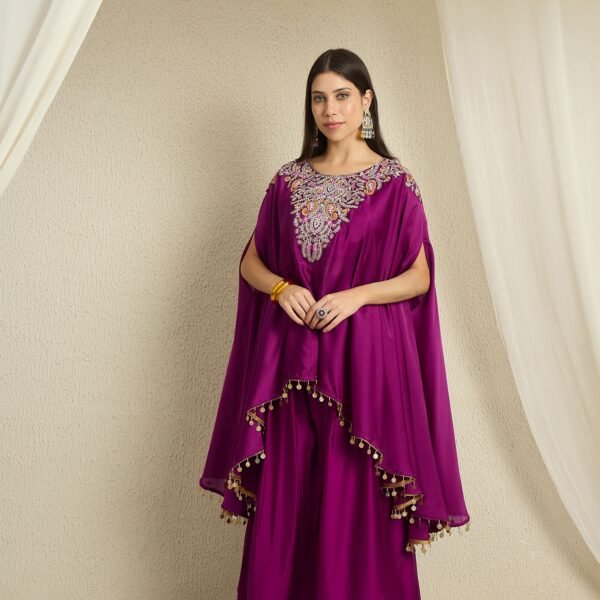 Vibrant Purple Embroidered Chinon Kaftan Palazzo Set