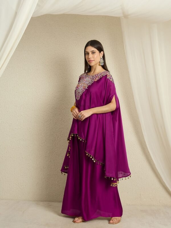 Vibrant Purple Embroidered Chinon Kaftan Palazzo Set
