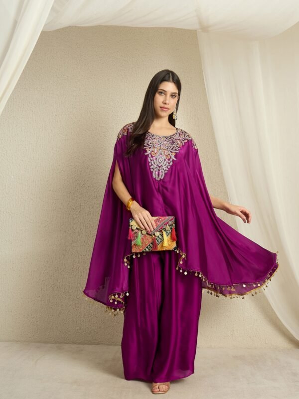 Vibrant Purple Embroidered Chinon Kaftan Palazzo Set