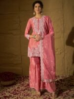Radiant Light Pink Embroidered Chinon Kurta Sharara Set with Dupatta