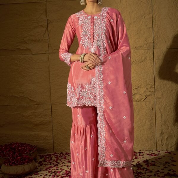 Radiant Light Pink Embroidered Chinon Kurta Sharara Set with Dupatta