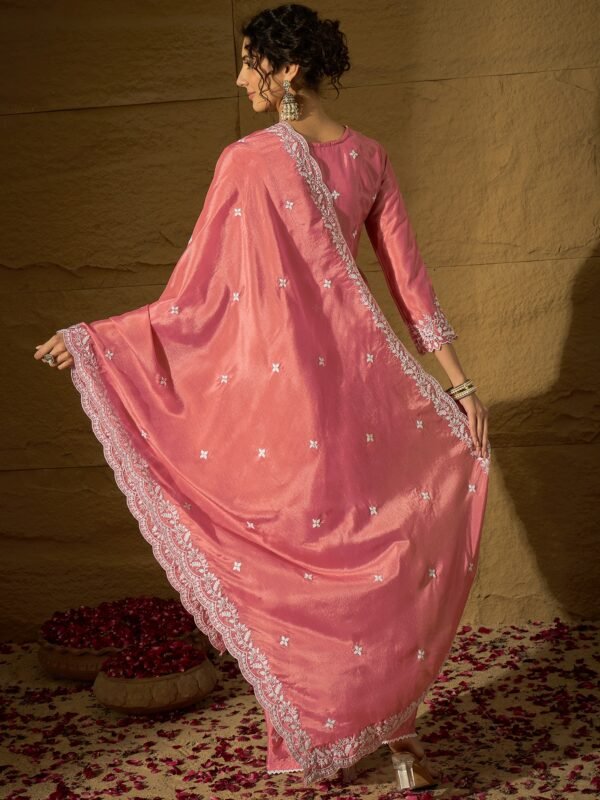Radiant Light Pink Embroidered Chinon Kurta Sharara Set with Dupatta