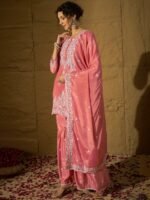 Radiant Light Pink Embroidered Chinon Kurta Sharara Set with Dupatta