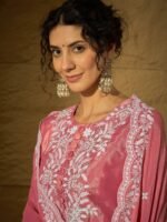 Radiant Light Pink Embroidered Chinon Kurta Sharara Set with Dupatta