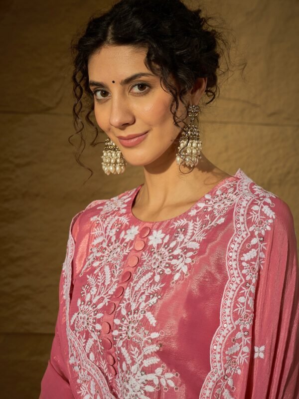Radiant Light Pink Embroidered Chinon Kurta Sharara Set with Dupatta