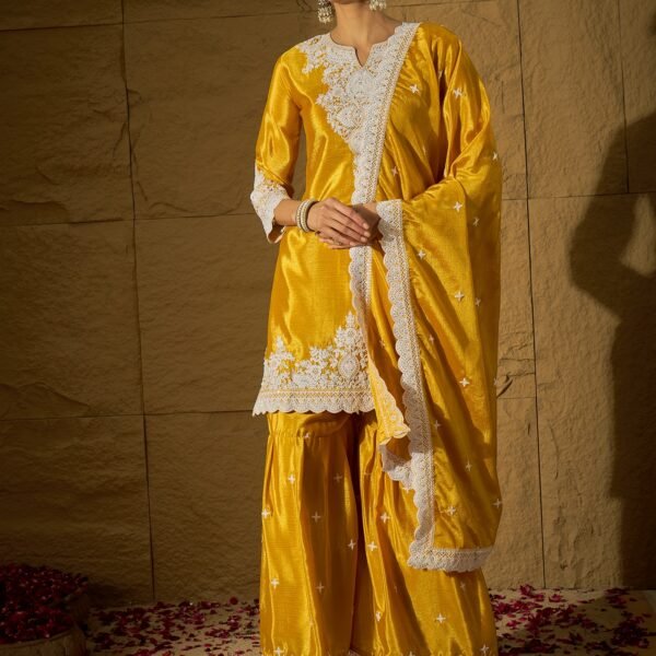 Vibrant Yellow Chinon Embroidered Kurta & Sharara Set