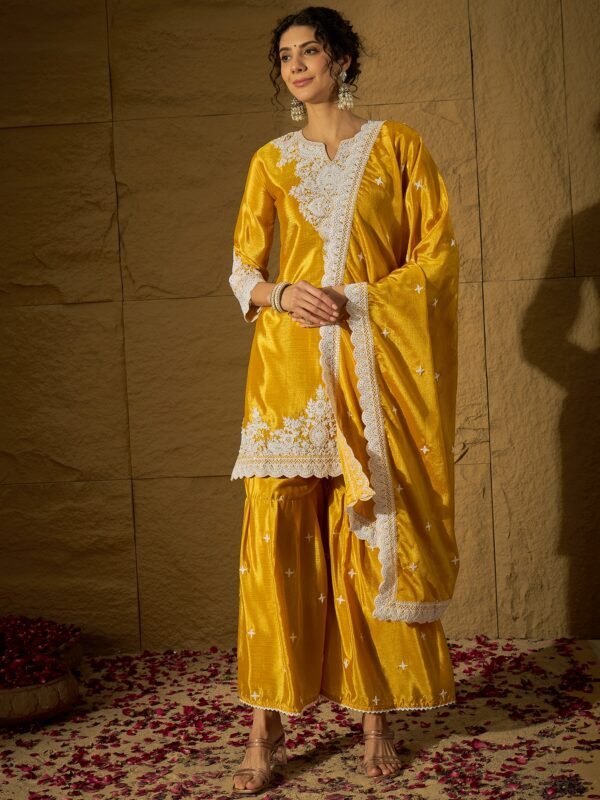 Vibrant Yellow Chinon Embroidered Kurta & Sharara Set