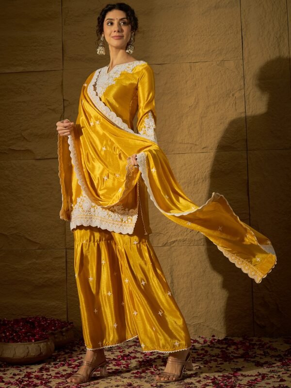 Vibrant Yellow Chinon Embroidered Kurta & Sharara Set