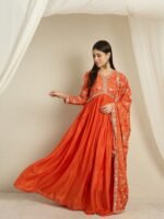 Vivid Orange Embroidered Chinon Anarkali Gown with Dupatta