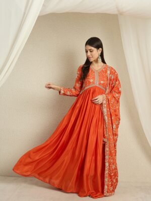 Vivid Orange Embroidered Chinon Anarkali Gown with Dupatta