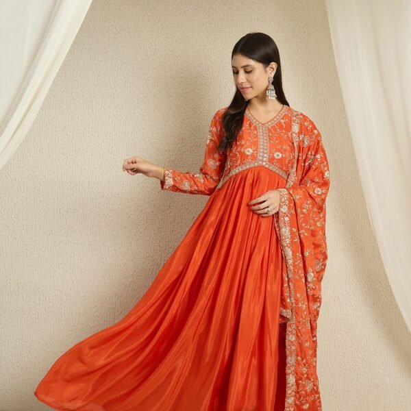 Vivid Orange Embroidered Chinon Anarkali Gown with Dupatta