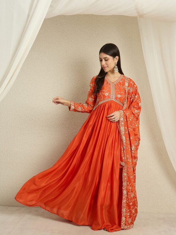 Vivid Orange Embroidered Chinon Anarkali Gown with Dupatta