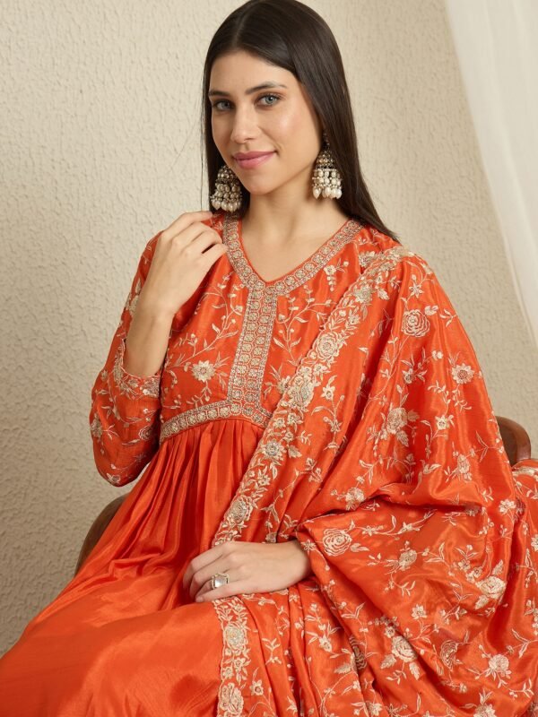 Vivid Orange Embroidered Chinon Anarkali Gown with Dupatta