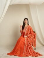Vivid Orange Embroidered Chinon Anarkali Gown with Dupatta