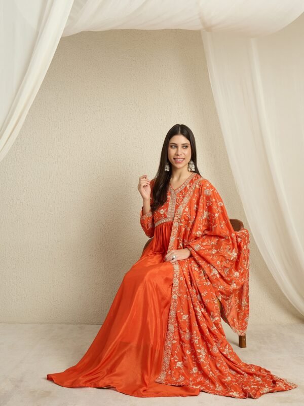 Vivid Orange Embroidered Chinon Anarkali Gown with Dupatta