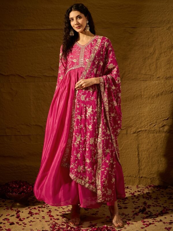 Vivid Orange Embroidered Chinon Anarkali Gown with Dupatta