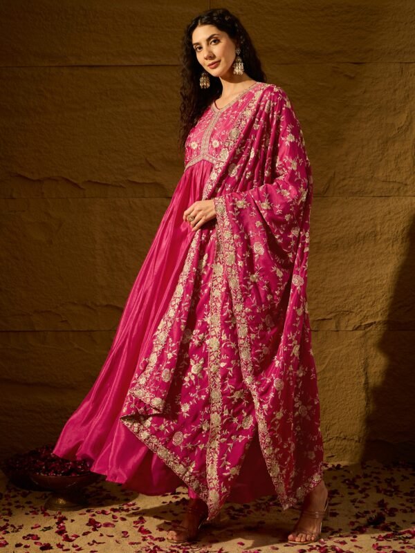 Vivid Orange Embroidered Chinon Anarkali Gown with Dupatta