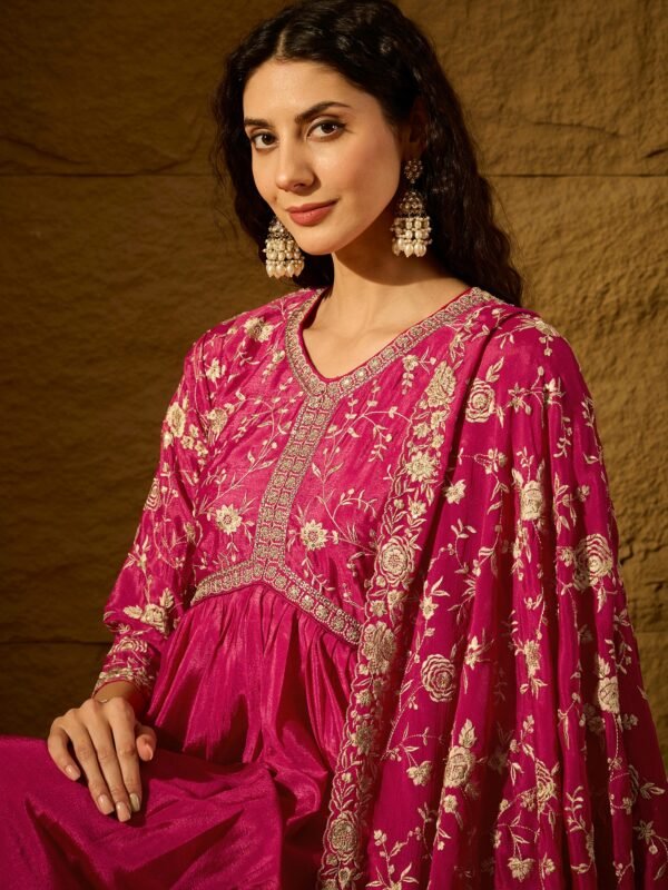 Vivid Orange Embroidered Chinon Anarkali Gown with Dupatta