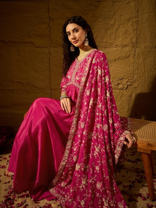 Vivid Orange Embroidered Chinon Anarkali Gown with Dupatta