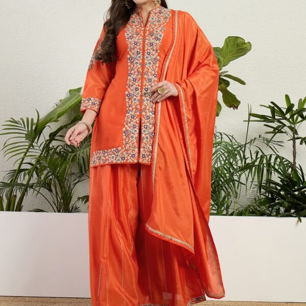 Purple Embroidered Kurta Palazzo | Collar Neck | Above Knee